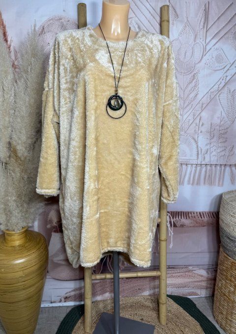 Robe ou maxi-sweat peluche beige champagne + collier douceur +++ du 40 au 50 