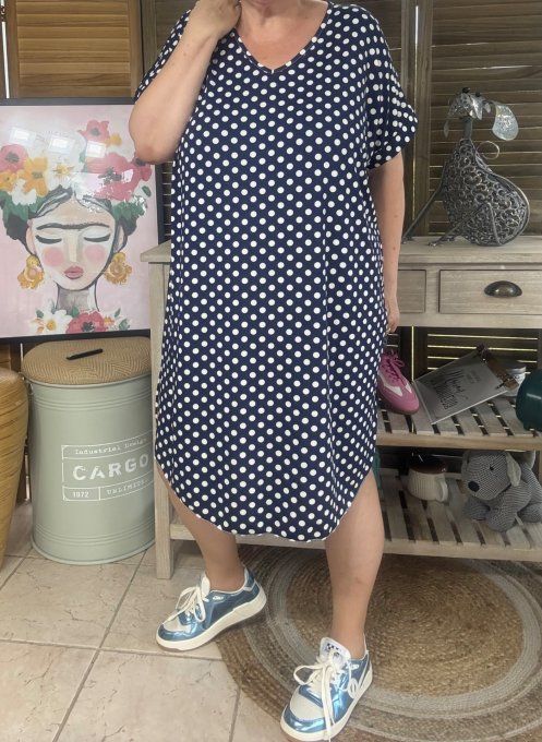Robe courte droite marine à pois blancs  du 36 au 46/48
