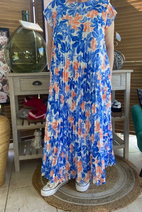 Robe ample longue plissée manches courtes Fleurs Printanières bleu royal & orange du 38 au 48/50 