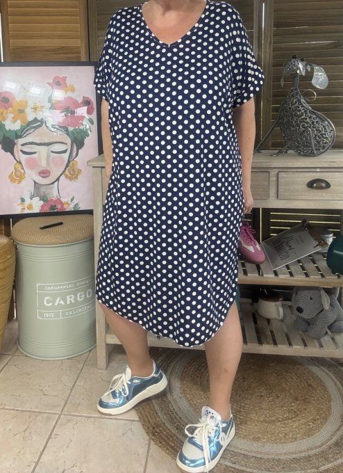 Robe courte droite marine à pois blancs  du 36 au 46/48