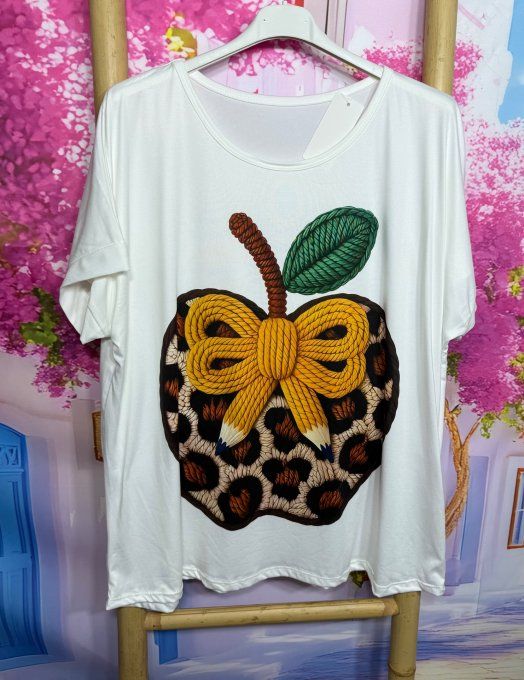 Tee-shirt ample blanc manches courtes Ma jolie pomme Léopard du 40 au 50/52 