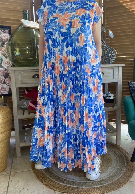 Robe ample longue plissée manches courtes Fleurs Printanières bleu royal & orange du 38 au 48/50 
