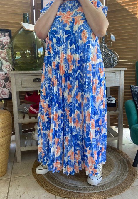 Robe ample longue plissée manches courtes Fleurs Printanières bleu royal & orange du 38 au 48/50 