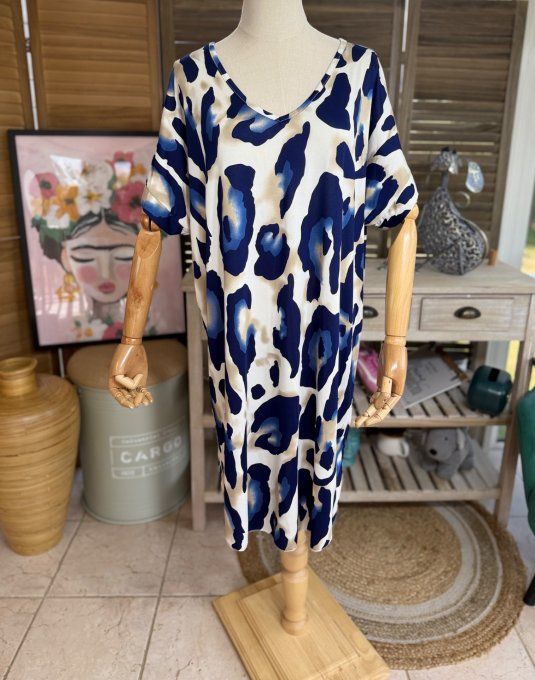 Robe courte droite marbrée léopard bleu  du 36 au 46/48