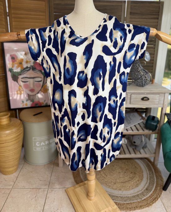 Robe courte droite marbrée léopard bleu  du 36 au 46/48