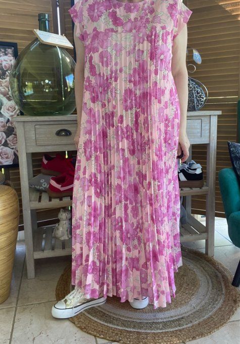Robe ample longue plissée manches courtes Fleurs Printanières fuschia et rose poudré du 38 au 48/50