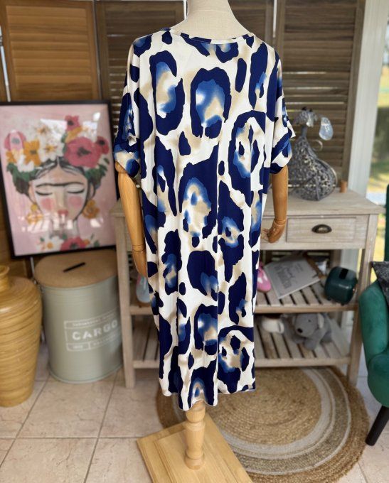 Robe courte droite marbrée léopard bleu  du 36 au 46/48