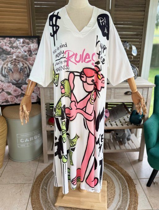 Robe trapèze longue ample blanche La Panthère Rose du 42 au 54/56 et + 