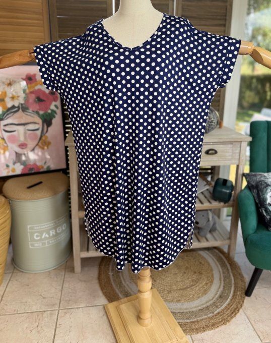 Robe courte droite marine à pois blancs  du 36 au 46/48