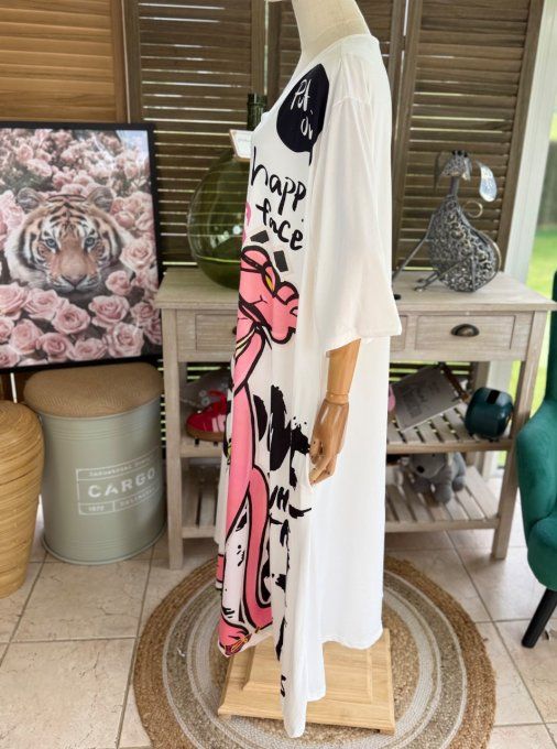 Robe trapèze longue ample blanche La Panthère Rose du 42 au 54/56 et + 
