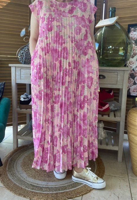 Robe ample longue plissée manches courtes Fleurs Printanières fuschia et rose poudré du 38 au 48/50