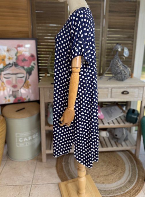 Robe courte droite marine à pois blancs  du 36 au 46/48