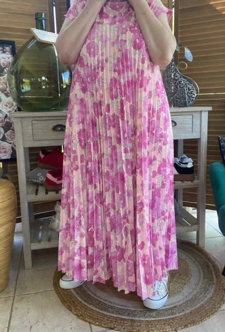 Robe ample longue plissée manches courtes Fleurs Printanières fuschia et rose poudré du 38 au 48/50