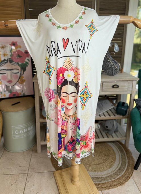 Robe mi-longue blanche Frida Kahlo Viva la Vida du 36 au 46