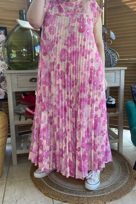 Robe ample longue plissée manches courtes Fleurs Printanières fuschia et rose poudré du 38 au 48/50