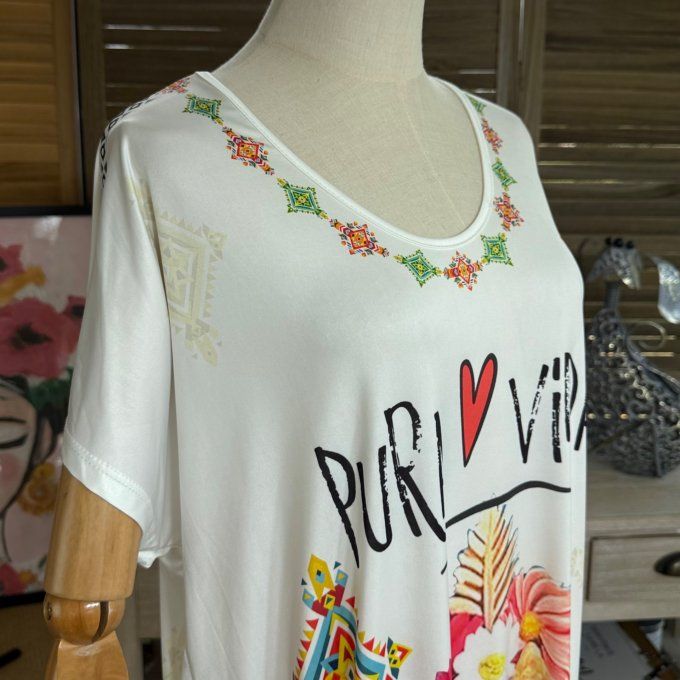 Robe mi-longue blanche Frida Kahlo Viva la Vida du 36 au 46