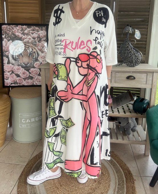 Robe trapèze longue ample blanche La Panthère Rose du 42 au 54/56 et + 