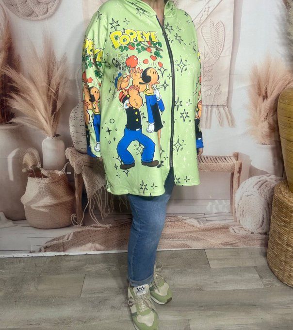 Gilet à capuche oversize vert d'eau Popeye et Olive du 42 au 56 et même +