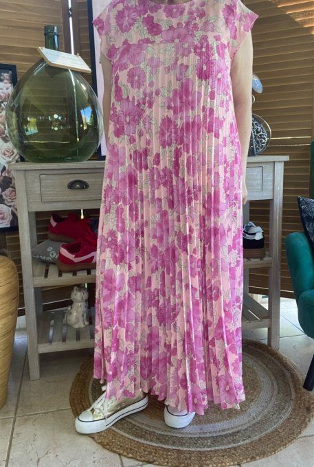 Robe ample longue plissée manches courtes Fleurs Printanières fuschia et rose poudré du 38 au 48/50