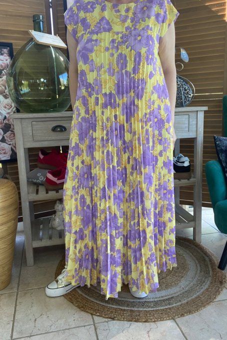 Robe ample longue plissée manches courtes Fleurs Printanières jaunes et Lilas du 38 au 48/50
