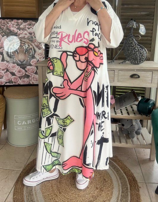 Robe trapèze longue ample blanche La Panthère Rose du 42 au 54/56 et + 