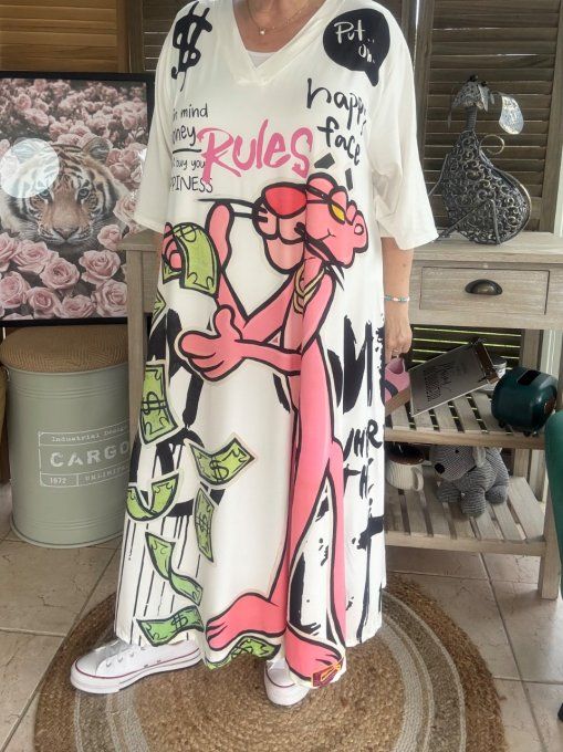 Robe trapèze longue ample blanche La Panthère Rose du 42 au 54/56 et + 
