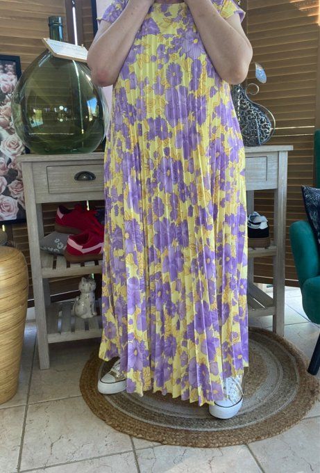 Robe ample longue plissée manches courtes Fleurs Printanières jaunes et Lilas du 38 au 48/50