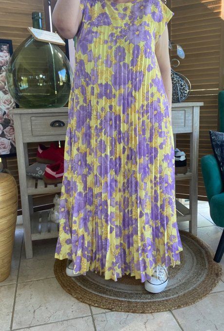 Robe ample longue plissée manches courtes Fleurs Printanières jaunes et Lilas du 38 au 48/50