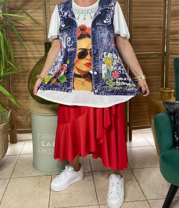 Top trapèze effet veste en jeans délavé Frida Kahlo Fashion du 38 au 48/50