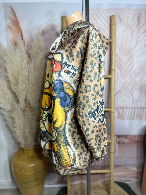 Sweat à capuche long polaire duveteuse Léopard Sailor Moon & Hello Kitty du 38 au 48/50   