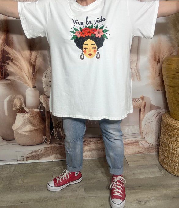 Tee-shirt oversize coton crème imprimé Frida Kahlo Viva la Vida douceur +++ du 40 au 52/54