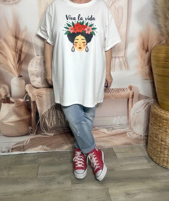 Tee-shirt oversize coton crème imprimé Frida Kahlo Viva la Vida douceur +++ du 40 au 52/54