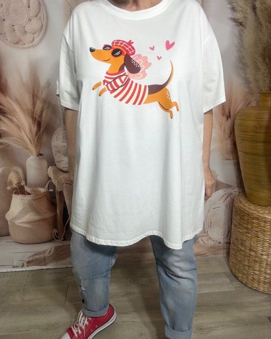Tee-shirt oversize coton crème imprimé Teckel Pull rayé rouge douceur +++ du 40 au 52/54 