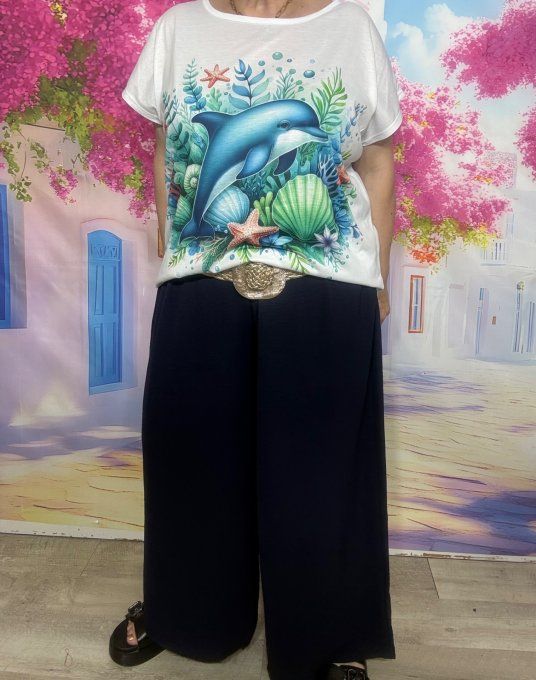 Pantalon palazzo fluide marine cuisses larges taille élastiquée Les Basiques du Dressing du 42 au 54