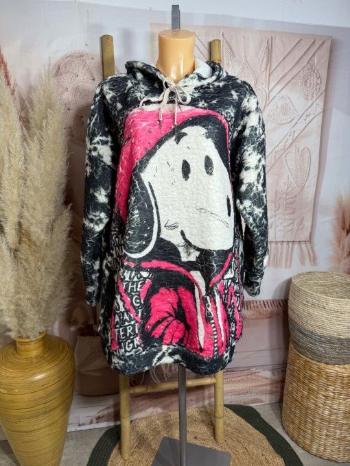 Sweat à capuche long polaire duveteuse noir Mon Adorable Snoopy du 38 au 48/50 