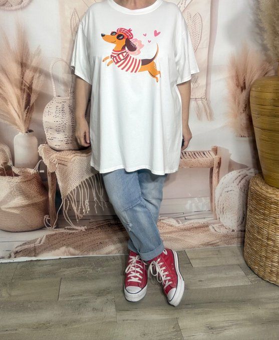Tee-shirt oversize coton crème imprimé Teckel Pull rayé rouge douceur +++ du 40 au 52/54 