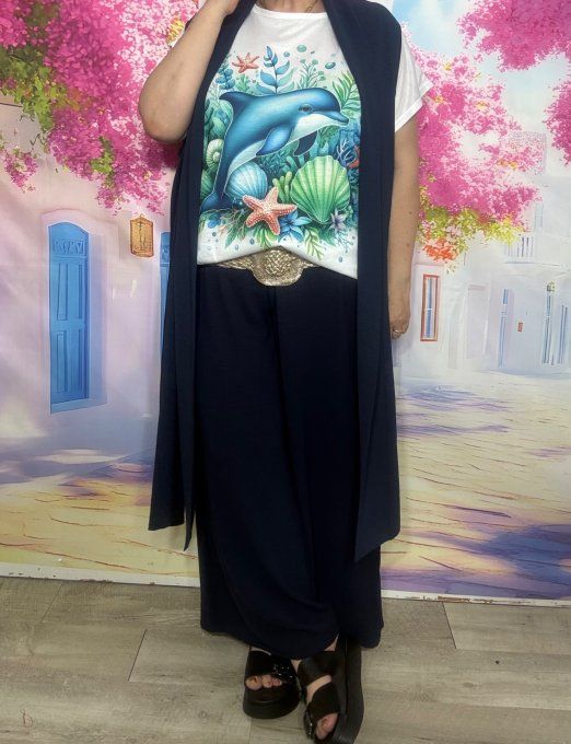 Veste trapèze longue fluide sans manches marine douceur +++ du 42 au 52 et même + 