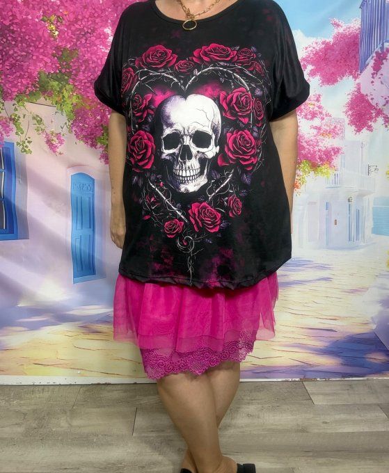 Tee-shirt ample noir manches courtes Love Skulls TDM & Pink Roses du 40 au 50/52 