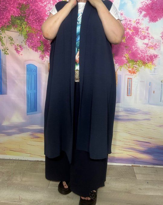 Veste trapèze longue fluide sans manches marine douceur +++ du 42 au 52 et même + 