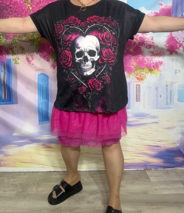 Tee-shirt ample noir manches courtes Love Skulls TDM & Pink Roses du 40 au 50/52 