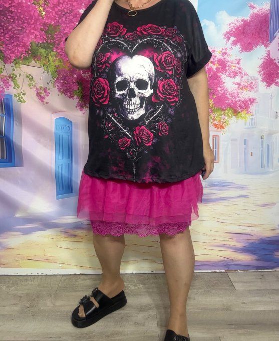 Tee-shirt ample noir manches courtes Love Skulls TDM & Pink Roses du 40 au 50/52 