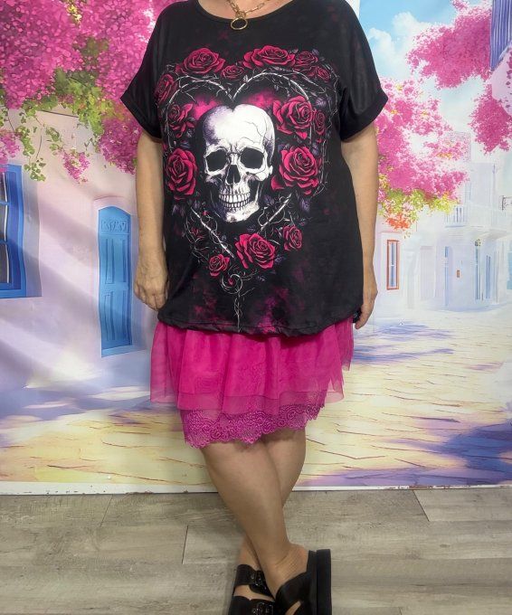 Tee-shirt ample noir manches courtes Love Skulls TDM & Pink Roses du 40 au 50/52 