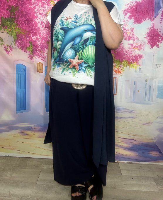 Veste trapèze longue fluide sans manches marine douceur +++ du 42 au 52 et même + 