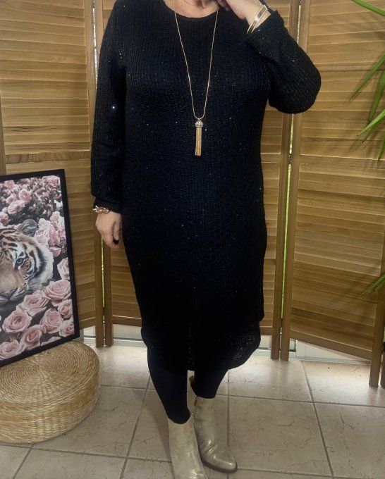 Robe noire ou maxi-Pull paillettes et sequins noirs brillants du 36 au 44