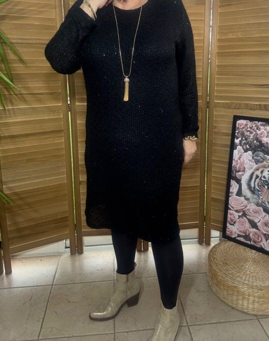 Robe noire ou maxi-Pull paillettes et sequins noirs brillants du 36 au 44