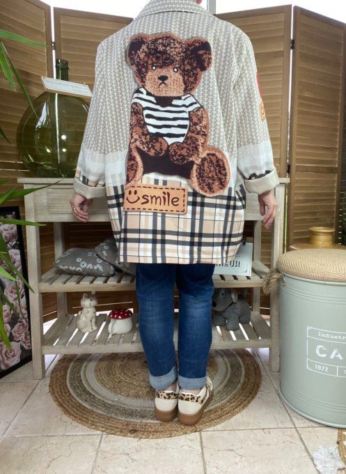 Veste blazer ample crème Tartan Carreaux doublée Teddy Bear du 42 au 50/52 et + 