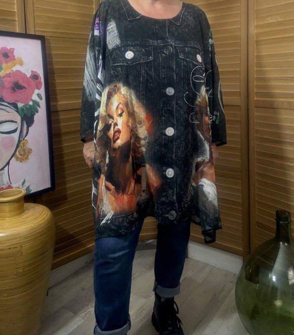 Tunique voile doublée oversize effet jeans noir Marylin Monroe du 42 au 54/56