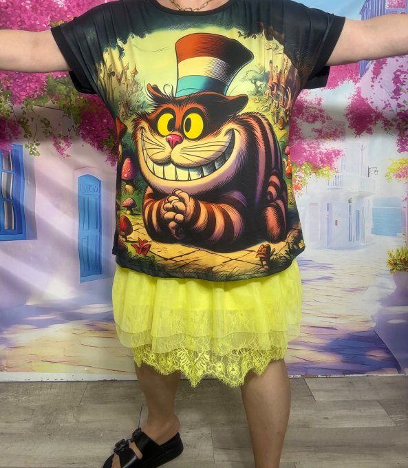 Tee-shirt ample noir manches courtes Cheshire Chat Alice au Pays des Merveilles du 40 au 50/52 