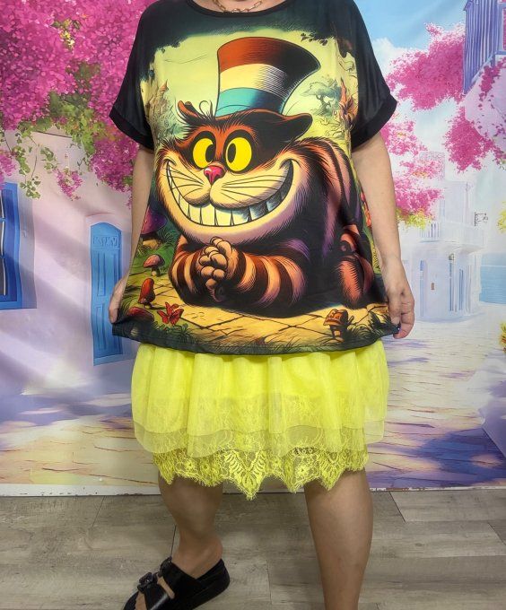 Tee-shirt ample noir manches courtes Cheshire Chat Alice au Pays des Merveilles du 40 au 50/52 
