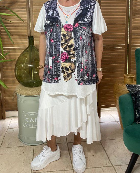 Top trapèze effet veste en jeans grisé Trio de Skulls aux Roses Fuschia du 38 au 48/50
